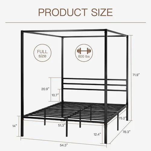 Miniatura 2 de ikalido Marco de cama con dosel de metal tamaño completo, marco de cama con plataforma moderna de cuatro postes, base de colchón, espacio de Negro