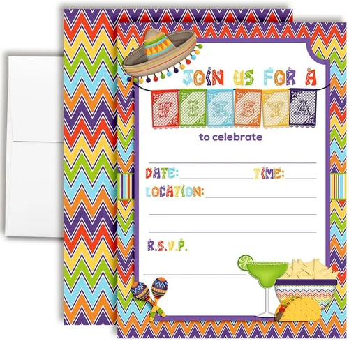 Miniatura 7 de Chippin', Dippin' & Pinata Hittin' Neon Fiesta Invitaciones para fiesta de cumpleaños, 20 tarjetas de relleno de 5 x 7 con veinte sobres blancos por