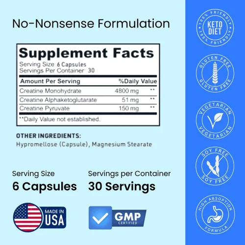 Miniatura 6 de Cápsulas de creatina, 5g Premium 3X ThreeAtine Pre Workout, Ganador de masa muscular a granel, Creatina monohidrato de alta absorción fácil