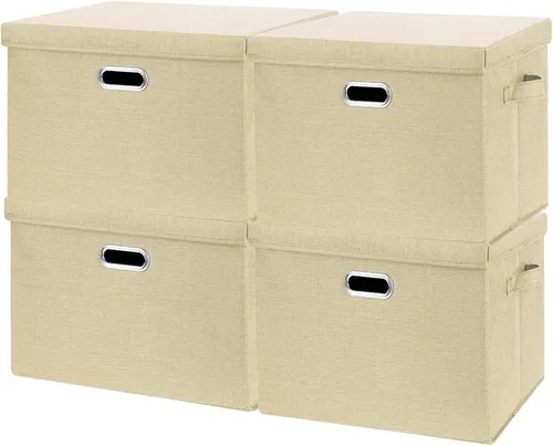 Miniatura 9 de SNWDN Paquete de 3 contenedores plegables de tela con tapas, caja de almacenamiento de tela con tapas para uso doméstico y de oficina