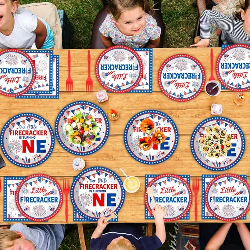 Miniatura 7 de gisgfim 96Pcs Platos y Servilletas de Petardo Pequeño para Primer Cumpleaños, Suministros de Fiesta, Juego de Vajilla para el 4 de Julio