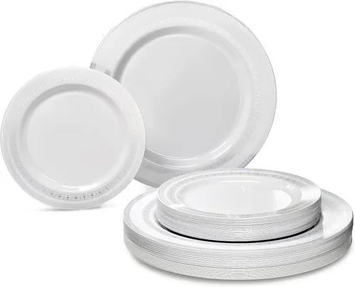 Miniatura 8 de OccasionS - Paquete de 100 platos (50 invitados) Juego de platos de plástico desechables de alta calidad para fiesta de boda, cena de 50 x 10.5