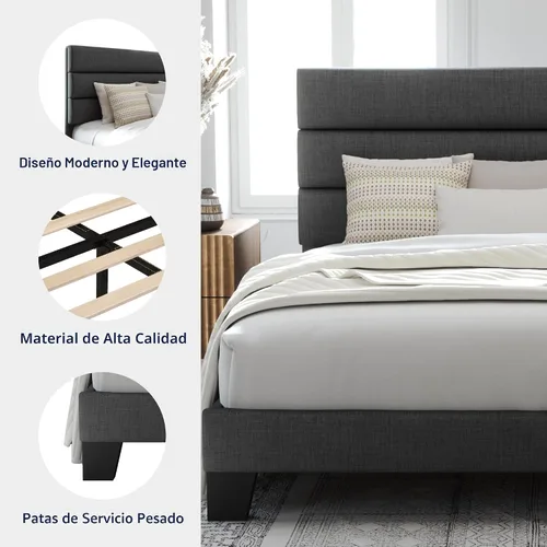 Miniatura 6 de Allewie - Base de cama tamaño King con cabecera tapizada en tela y soporte de listones de madera, base de colchón completamente tapizada; no Gris