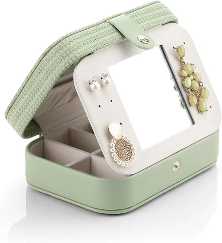 Miniatura 8 de Vlando Pequeño organizador de joyas de viaje, estuche de almacenamiento de piel sintética para collares, aretes, anillos, tejido verde
