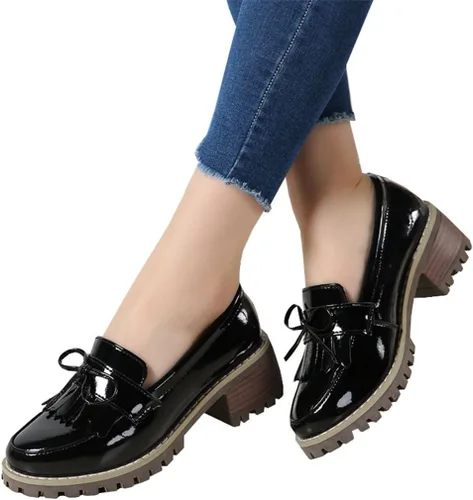 Miniatura 2 de DADAWEN Mocasines para mujer, plataforma con borlas, mocasines de tacón grueso para mujer, elegantes y para el trabajo, zapatos casuales de negocios