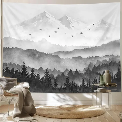 Miniatura 15 de kampdream Tapiz de bosque de montaña, tapiz de pared con diseño de árbol blanco y negro brumoso, paisaje de acuarela, tapiz de paisaje natural