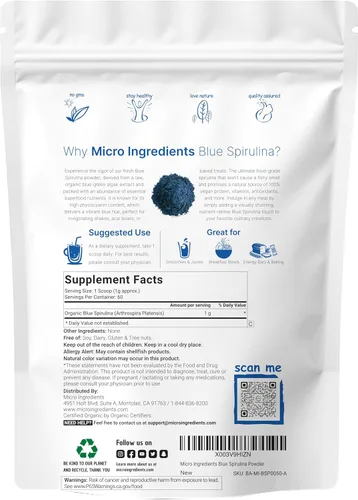 Miniatura 2 de Polvo de espirulina azul orgánica (extracto de ficocianina), 60 porciones, sin olor a pescado, proteína 100% vegana de algas azul-verdes, colorante