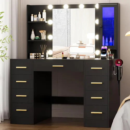 Miniatura 2 de ERLEJIA Escritorio de tocador con espejo y luces, tocador de maquillaje grande de 43 pulgadas con 9 cajones, 3 estantes abiertos, iluminación LED