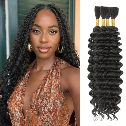 Miniatura 44 de Mezcla de cabello humano trenzado sintético bohemio para trenzar, 16 pulgadas de onda profunda a granel para trenzas bohemias, 2 piezas de cabello 1b