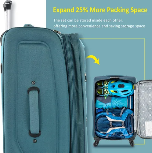 Miniatura 2 de Voohek Softside - Juego de 3 piezas expandible para maleta, equipaje ligero y ligero, Verde, Softside - Maleta extensible de 3 piezas, maleta