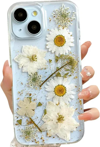 Miniatura 12 de LSEEKA Funda transparente para iPhone 13 Mini/iPhone 12 Mini con diseño de flores reales prensadas, con purpurina, bonito patrón floral blanco, Oro