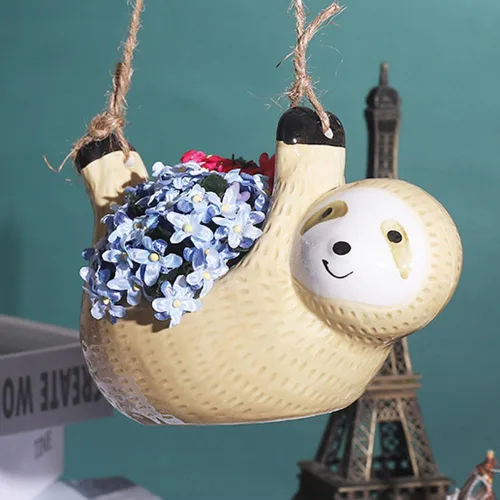 Miniatura 8 de Maceta colgante de cerámica con forma de perezoso de dibujos animados para interiores, maceta colgante de cerámica para plantas de aire suculentas