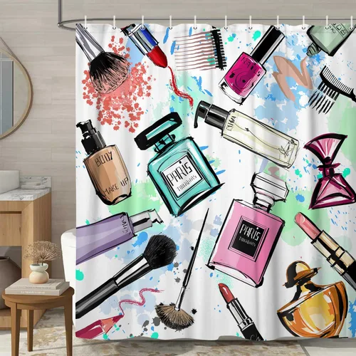 Miniatura 13 de JAWO Cortinas de ducha cosméticas para mujer y niña, elegante perfume de acuarela y lápiz labial, juego de cortinas de baño de tela con ganchos, Azul