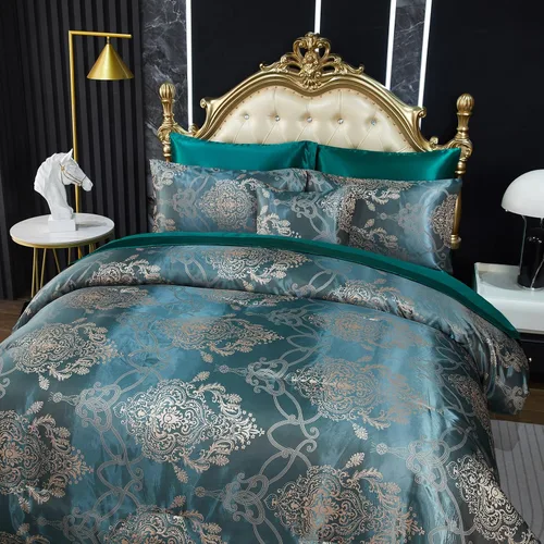 Miniatura 2 de Juego de edredón Queen de jacquard verde, juego de sábanas, elegante juego de ropa de cama de 8 piezas bordado, diseño floral neoclásico, decoración