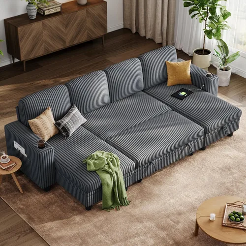 Miniatura 17 de LINSY HOME - Sofá cama extraíble modular con sección para dormir, con almacenamiento, sofá seccional de pana mullida para sala de estar, sofá cama