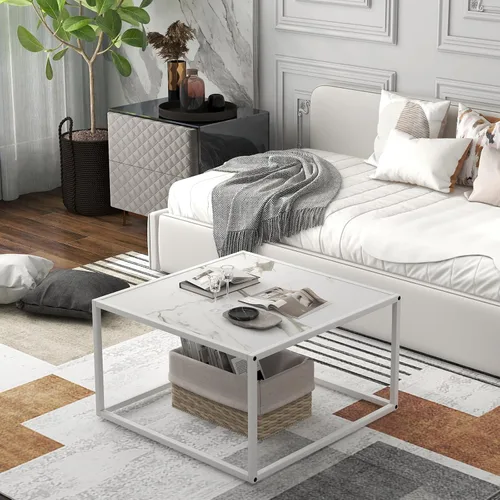 Miniatura 7 de Giantex Mesa de centro cuadrada con mesa de mármol sintético y marco de acero, mesa de cóctel central, muebles de sala de estar, mesita de noche
