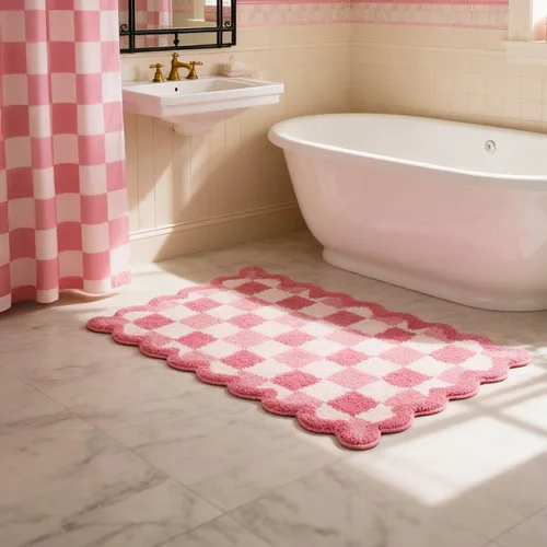 Miniatura 27 de ORTIGIA Pequeña y Linda Alfombra de Baño con Volados, Alfombras de Baño de Microfibra de Lujo en Blanco y Rosa, Antideslizante, Lavable, de Secado