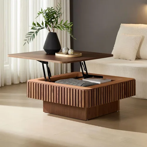 Miniatura 26 de 31.52" Square Lift Top Coffee Table with Storage, Natural Rattan & Hemp Rope, Adjustable Function, Vintage Farmhouse Center Table for Living Room
