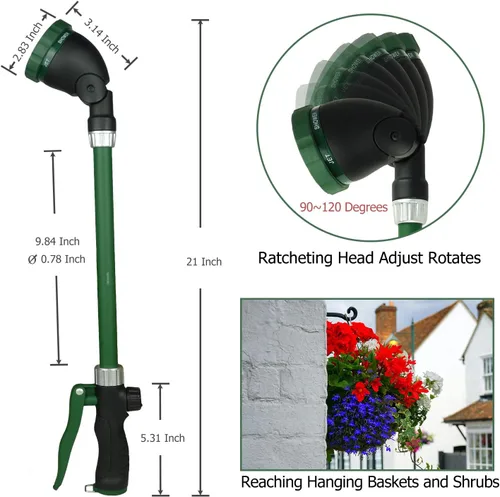 Miniatura 7 de Varita de riego resistente de 21 pulgadas con cabezal giratorio, varita rociadora de agua ajustable con mango ergonómico, rocía 6 patrones de riego