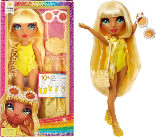 Rainbow High Swim & Style Sunny - Muñeca de moda rubia amarilla de 11 pulgadas con envoltura brillante para estilo de más de 10 maneras, traje de