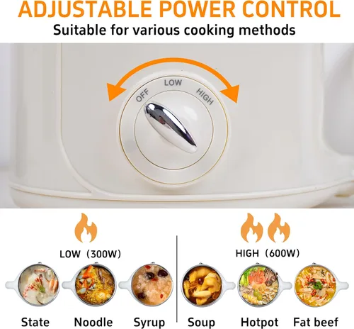 Miniatura 3 de Olla Eléctrica Caliente con Vaporera: Cocedor de Ramen de 2.0L, Olla Eléctrica Multifuncional de Acero Inoxidable, Portátil, Ajuste de Potencia Dual