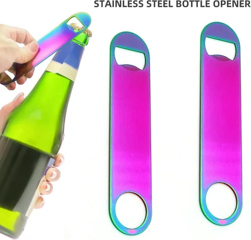 Miniatura 5 de Abrebotellas plano de acero inoxidable de color arcoíris, resistente y duradero, 2 piezas para enviar a amigos, adecuado para bares, camareros