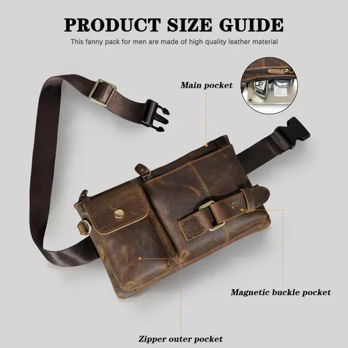 Miniatura 5 de Riñonera de lona resistente al agua + cuero para senderismo, viajes, riñonera pequeña para hombres y mujeres FB811-29, X-8135-100% Cuero