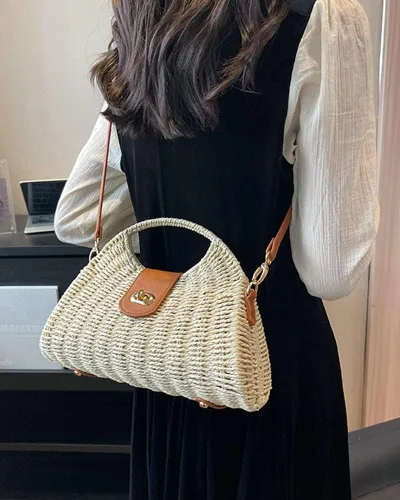 Miniatura 7 de Bolso cruzado de paja tejida a mano para mujer, bolso de hombro con asa superior de ratán para playa de verano, bolso de mano