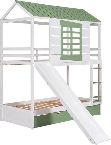 Miniatura 7 de Litera de casa individual sobre cama individual con tobogán convertible y nido, litera de madera maciza con techo y ventana para niños, verde-blanco