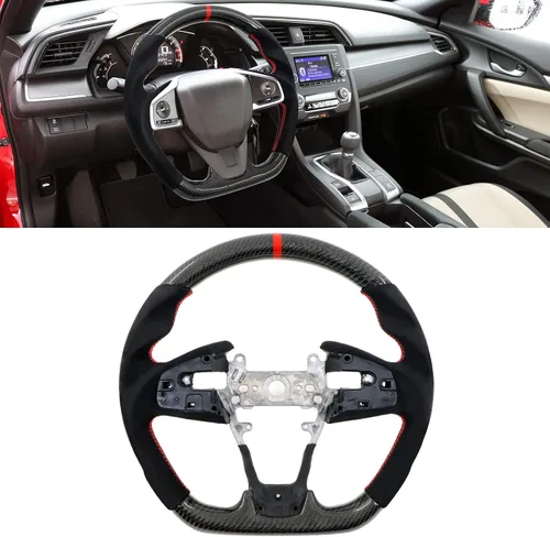 Miniatura 2 de IKON MOTORSPORTS, Volante compatible con Honda Civic de 10ª generación 2016-2021, volante de fibra de carbono sintética tipo ante con costuras rojas
