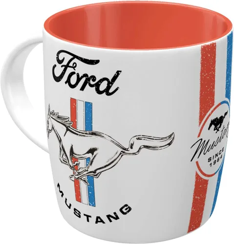 Nostalgic-Art Taza de café retro, Ford Mustang, logotipo de caballo y rayas, idea de regalo para fanáticos de los accesorios de automóvil, taza de