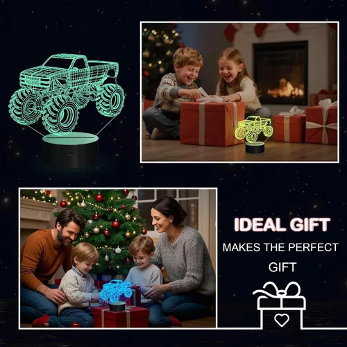 Miniatura 6 de Luces nocturnas 3D para niños, lámpara nocturna para niños, camiones monstruo para niños, 16 colores LED que cambian de iluminación, iluminación