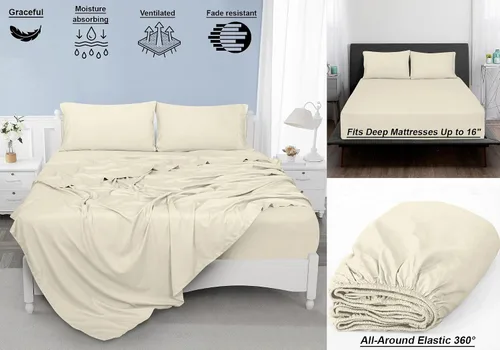 Miniatura 6 de ROYALE LINENS Juego de sábanas de 300 hilos 100% algodón peinado de fibras largas, 4 piezas, 1 sábana bajera, 1 encimera y 2 fundas de almohada