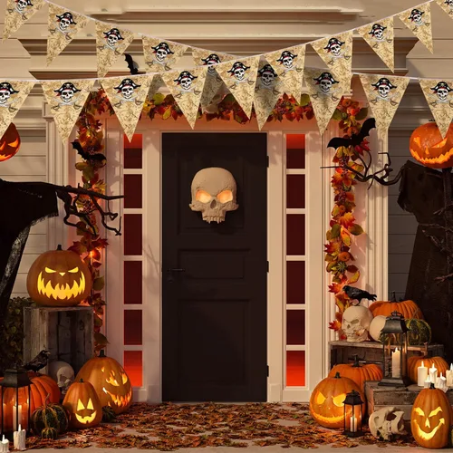 Miniatura 4 de Funrous Decoraciones de fiesta pirata de 49 pies con diseño de calavera y bandera pirata Jolly Roger, decoraciones de cumpleaños, banderines
