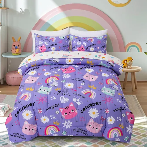 Miniatura 11 de Btargot Juego de edredón reversible de 5 piezas con diseño de gato de dibujos animados azules para niños, juego de ropa de cama con diseño de flores