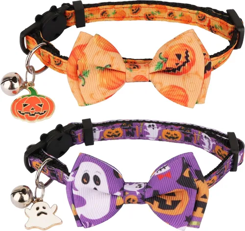 Miniatura 13 de ADOGGYGO Collares de gato de Halloween con campana de lazo, collar de moño para gatito, tela de araña, calavera, collares de Halloween para niñas
