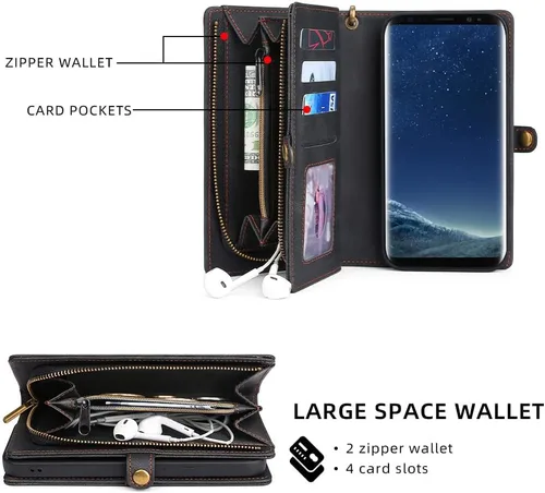 Miniatura 3 de Asuwish Funda de teléfono para Samsung Galaxy S8 con cremallera, funda desmontable con protector de pantalla de vidrio templado y soporte de cuero