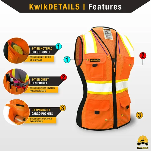 Miniatura 4 de KwikSafety - Charlotte, NC - Chaleco de seguridad para mujer, tiras reflectantes de alta visibilidad, cumple con ANSI y OSHA Naranja