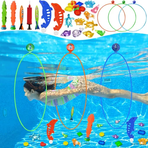 Jasonwell Juguetes de piscina, anillos de buceo, 28 piezas, juego de piscina, juguetes de buceo con anillo de buceo, tesoros submarinos, bandidos de