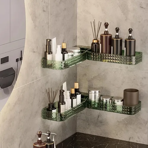 Miniatura 5 de Estante de almacenamiento montado en la pared en forma de U sin perforaciones para baño, estante de esquina giratorio colgante, estante organizador