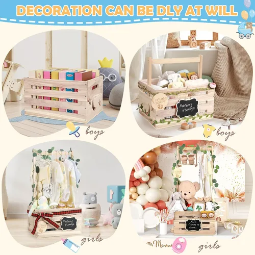 Miniatura 4 de Armario de madera para baby shower con asa ajustable y guirnalda, cesta grande personalizada para baby shower, caja de almacenamiento, regalos