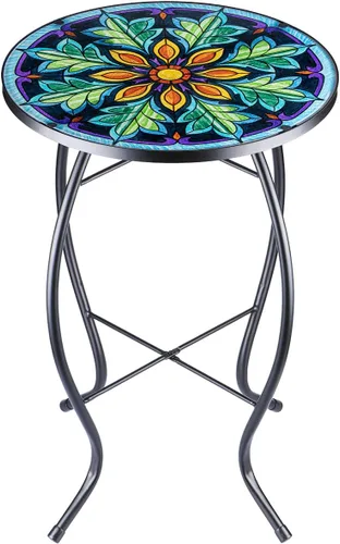 Miniatura 17 de VCUTEKA Mesa Auxiliar para Exteriores Mesa Auxiliar de Mosaico Mesa Auxiliar para Patio Mesa Auxiliar Pequeña con Tapa de Vidrio Mesa de Centro