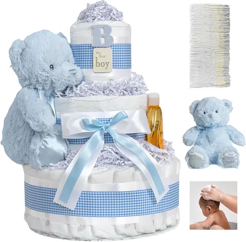 Lil' Baby Cakes Pastel de Pañales Azul para Niño - Hace un Hermoso Regalo para Bebé Niño - Adorable y Práctico - Hecho a Mano con 42 Pañales