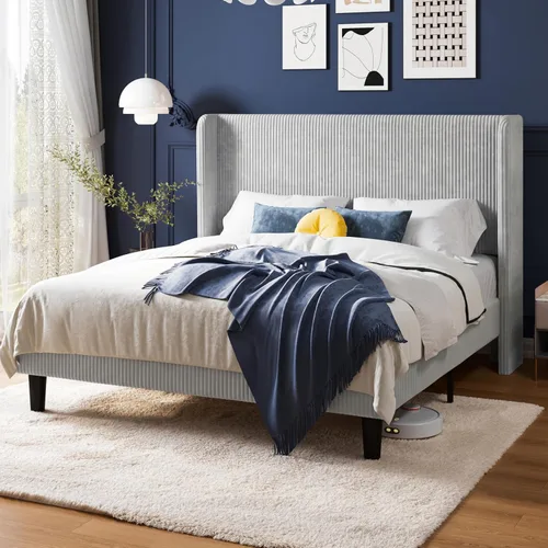 Miniatura 17 de Allewie - Base de cama tamaño Queen con cabecera tapizada de ala de respaldo, plataforma de cama de terciopelo corduroy acolchado con diseño Negro