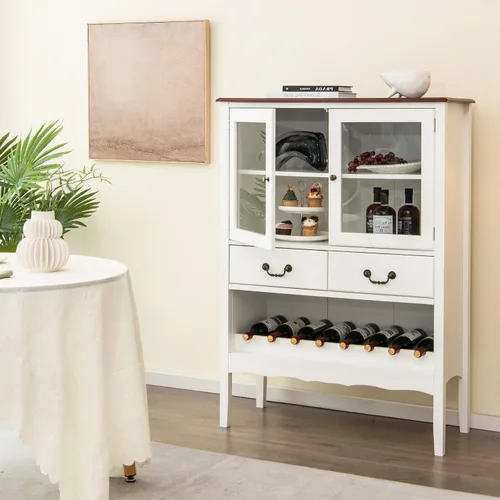 Giantex Armario de vino con almacenamiento, aparador de buffet de pie con 2 cajones, 2 puertas de vidrio templado, estante abierto para vino,