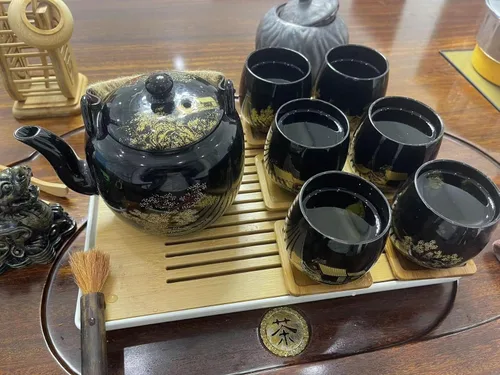 Miniatura 2 de Juego de té japonés, juego de té esmaltado negro en caja de regalo con 1 tetera, 1 colador de té, 1 bandeja de té y 6 tazas de té. Juego de té ideal
