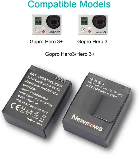 Miniatura 2 de Newmowa Batería de repuesto AHDBT-302 de 1300 mAh (paquete de 2) y cargador rápido de 3 canales para GoPro Hero 3, GoPro Hero 3+, AHDBT-301