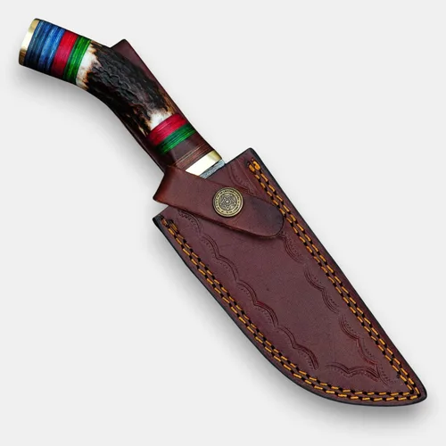 Miniatura 5 de Rait tail Hecho a mano forjado a mano Damasco caza/desollar cuchillo Stag/asta mango con funda