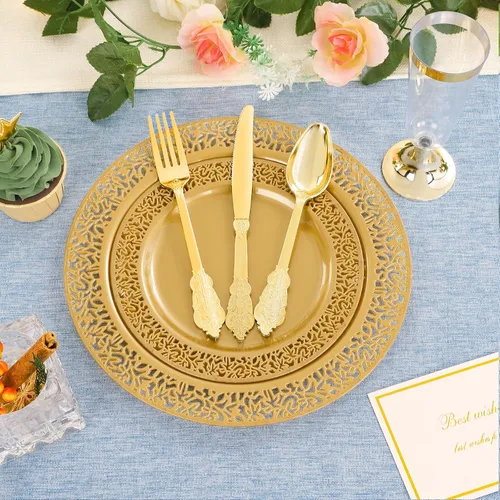 Miniatura 4 de DaYammi 210 platos desechables de oro sólido con cubiertos y tazas, platos de plástico dorado para fiesta incluyen: 30 platos llanos, 30 platos