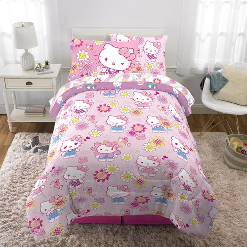 Miniatura 5 de Franco - Juego de edredón y sábanas supersuaves con funda para niños, 5 piezas, tamaño individual, Hello Kitty Hello Kitty - Jardín del arco iris